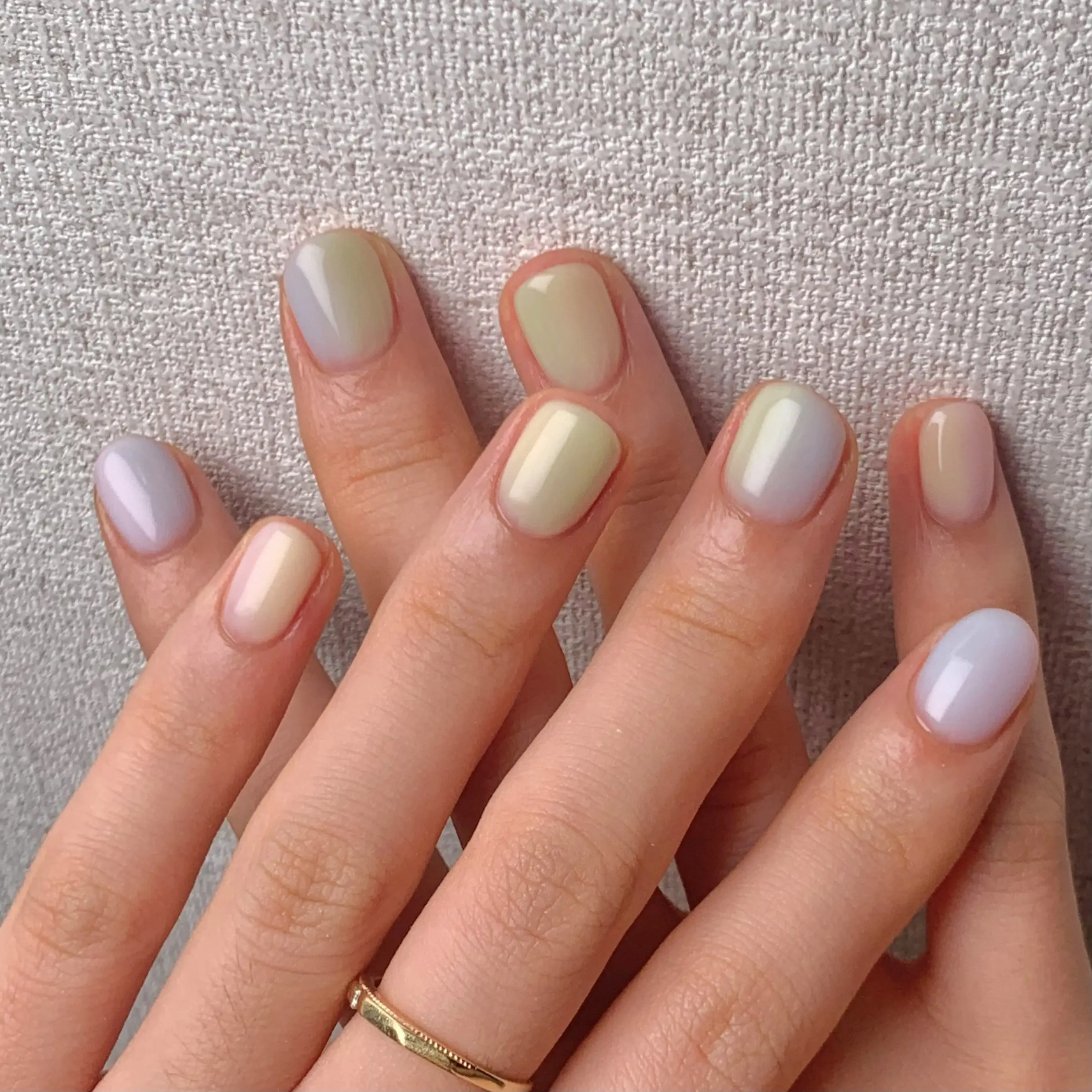 multi and pastel square short nails with pastel and french