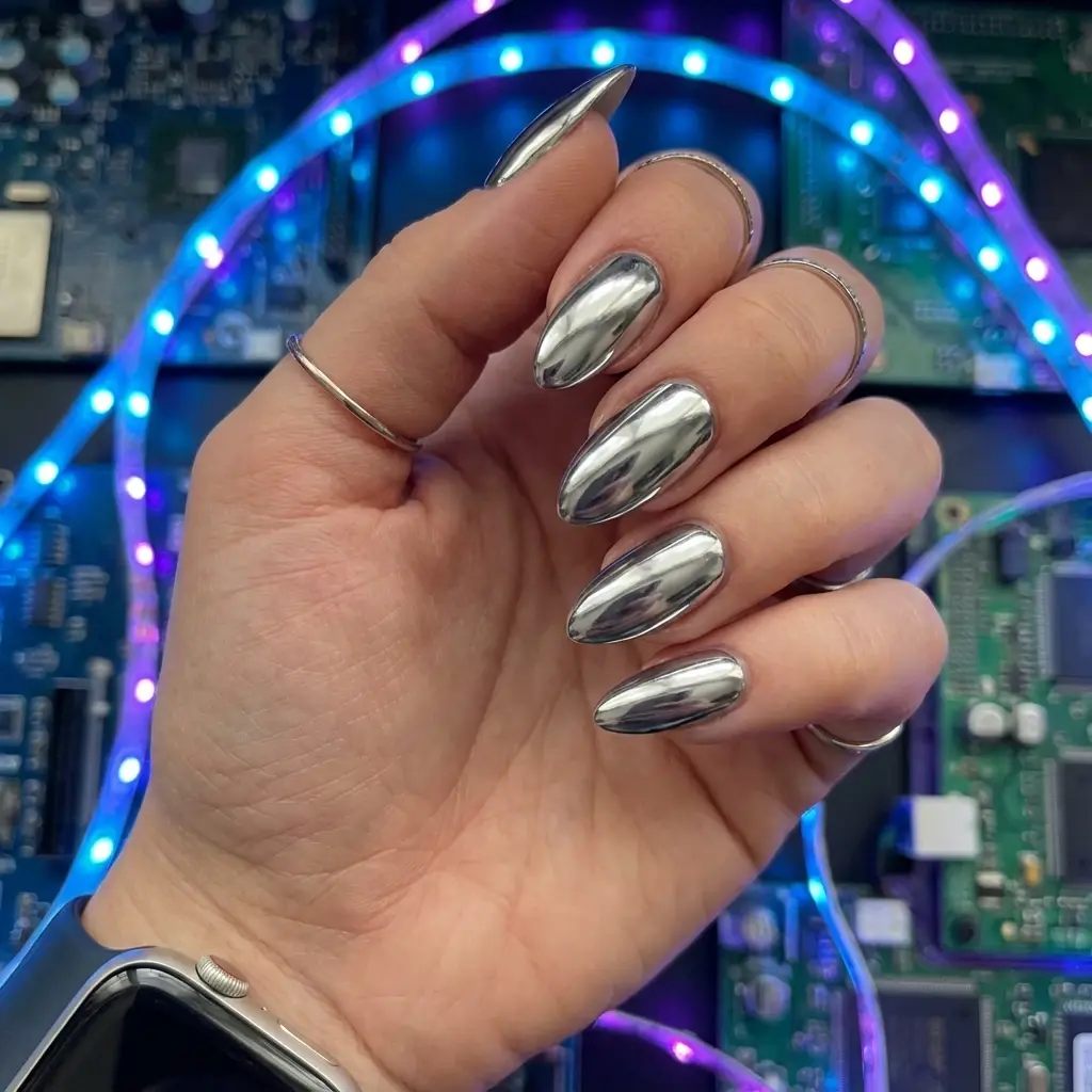 metallic almond medium nails with glossy and abstract