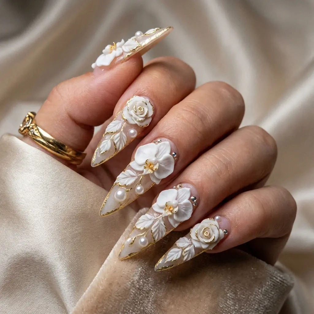 white and metallic stiletto long nails with 3d and floral