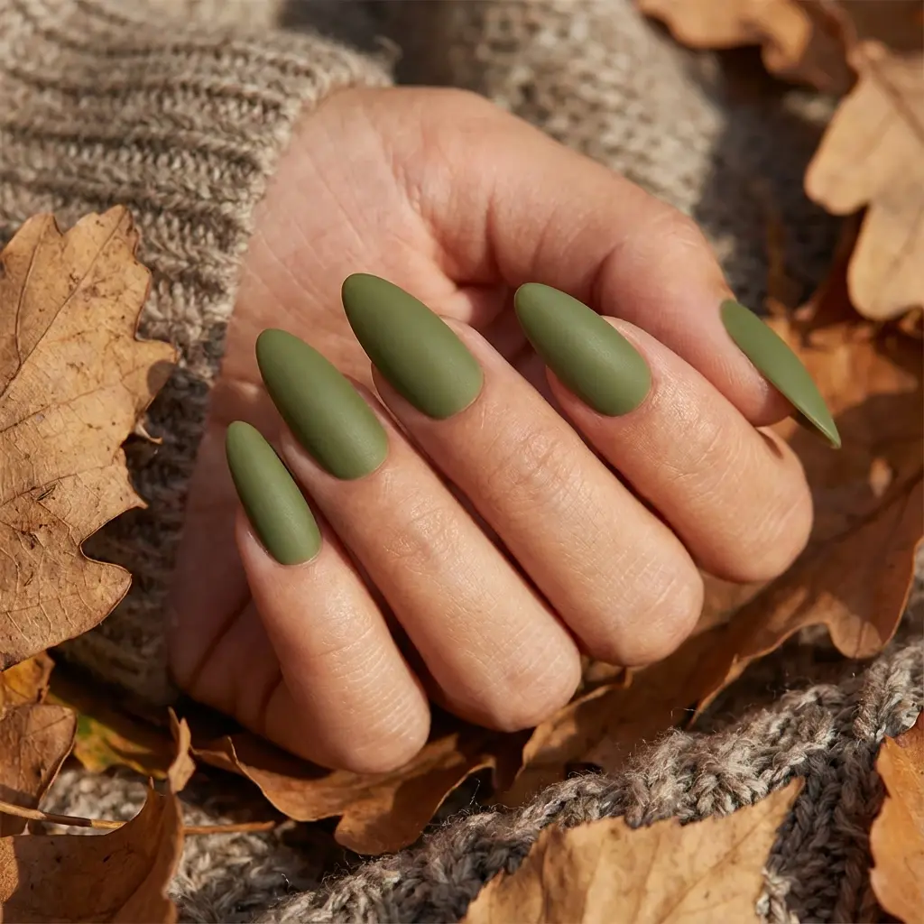 green almond medium nails with matte and minimalist